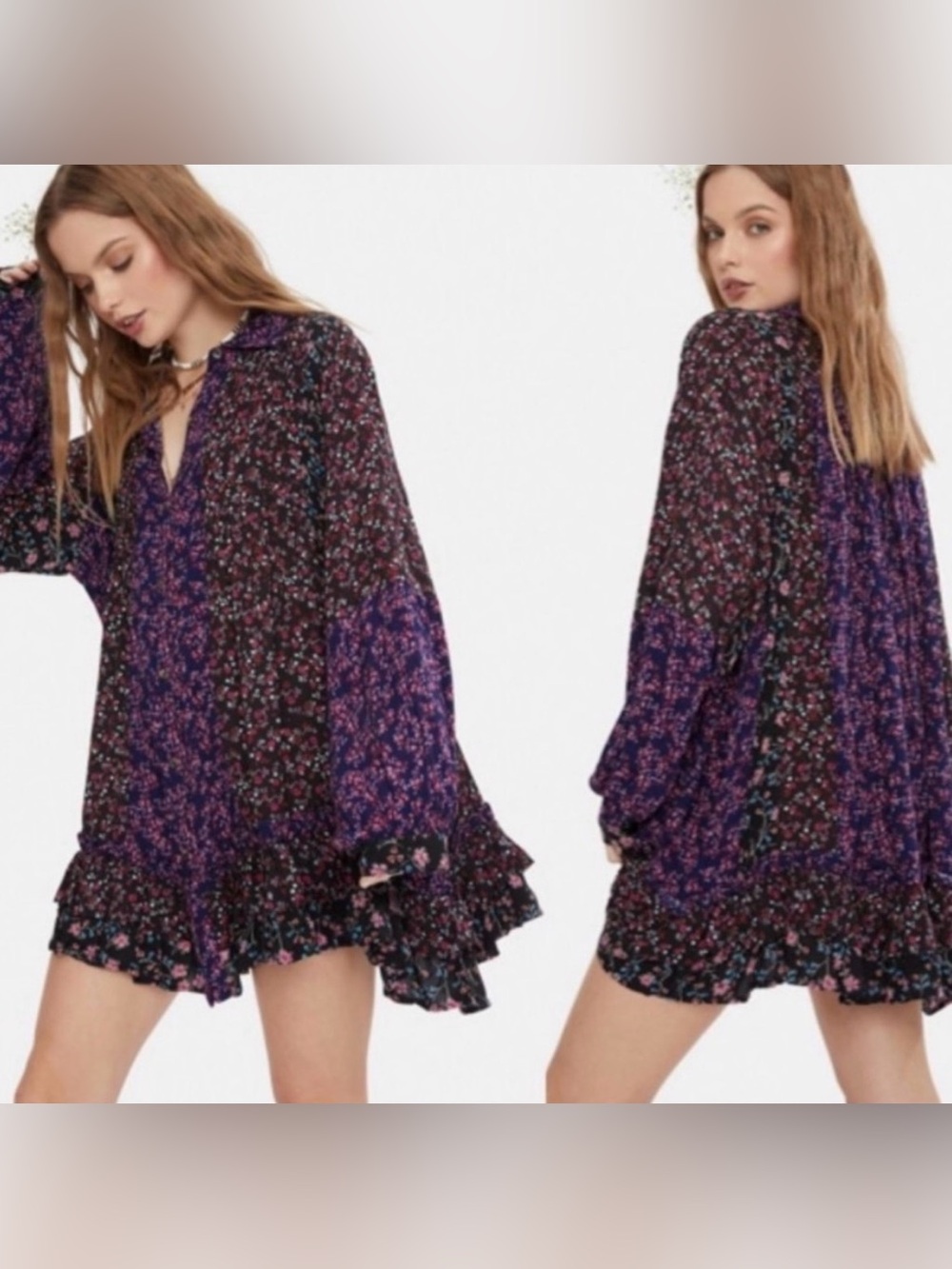 Women's FREE PEOPLE Lost In You Floral Ruffle Swing Tunic Top Mini Dress Small S